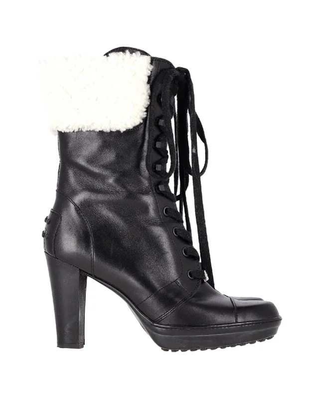 Tod's Shearling Lace-Up Heeled Boots in Black Leather Athleisure Derby Style  