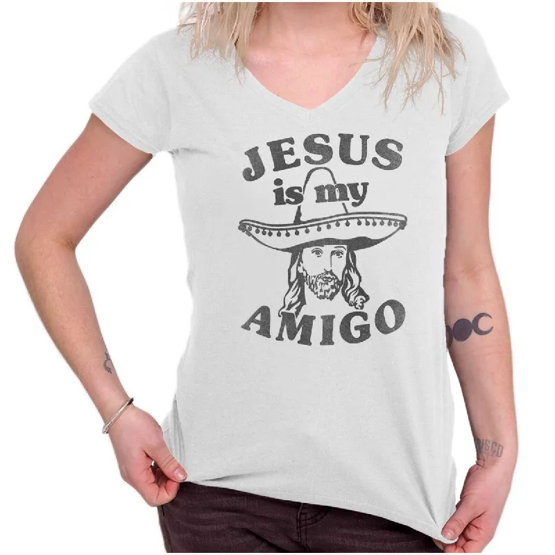 Amigo Jesus Junior Fit V-Neck T Shirt Scandinavian
