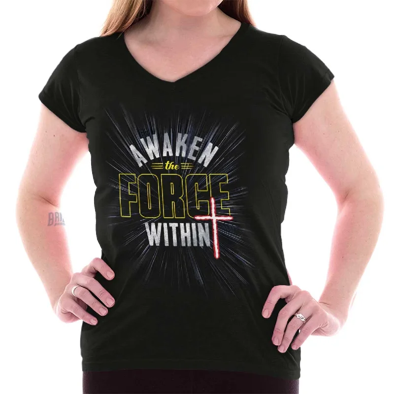 Awaken The Force Within Junior Fit V-Neck T-Shirt Cool Women's Distressed