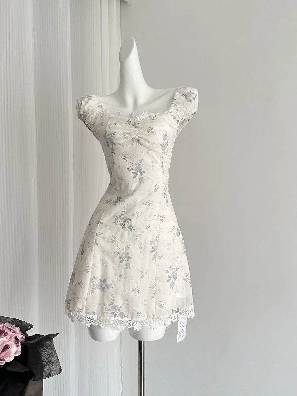 Beige Square Neck Floral Puff Sleeve Mini Dress Polished Women's Silk