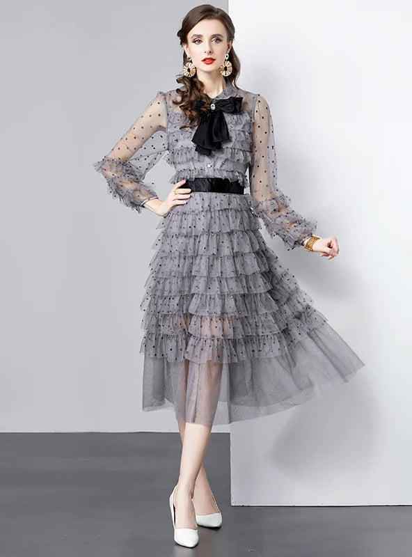 BIG BOW GAUZE POLKA-DOT LONG SLEEVE DRESS Confident Women's Power