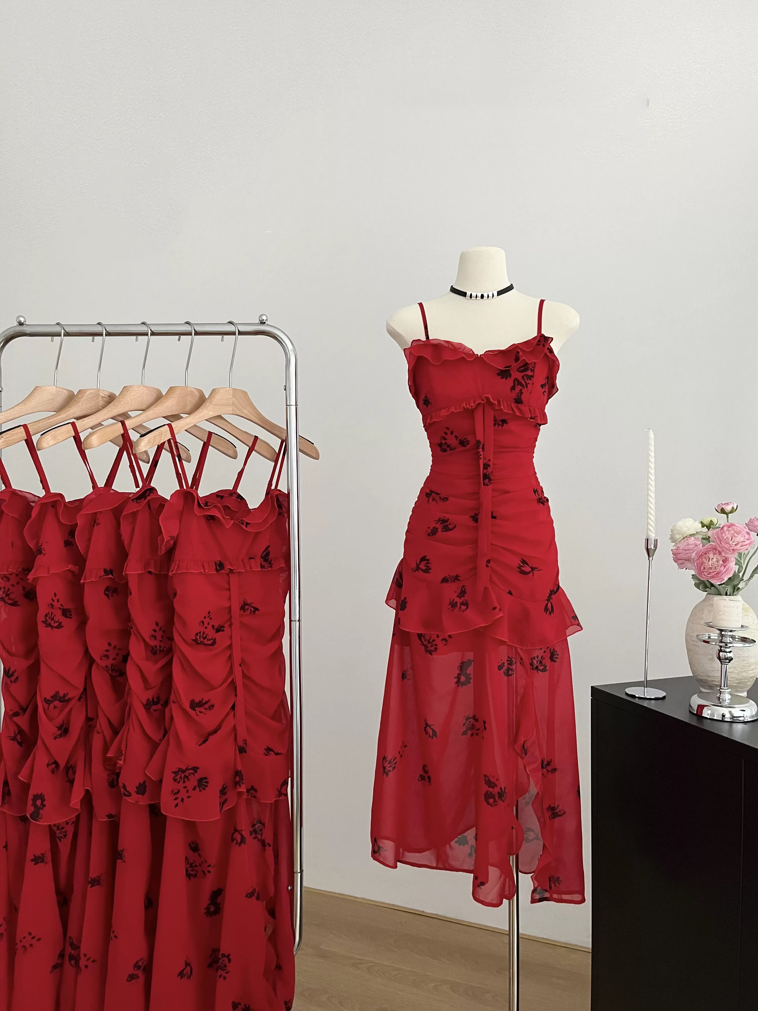 Black Floral Print Ruffle Red Maxi Dress Refined Women's 