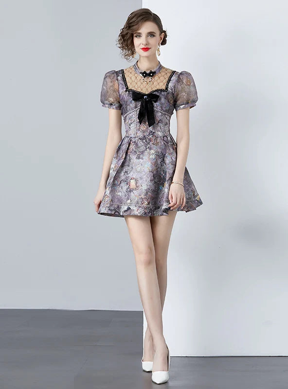 BOW RETRO PRINT SLIM SHORT DRESS Sharp Women's Italian