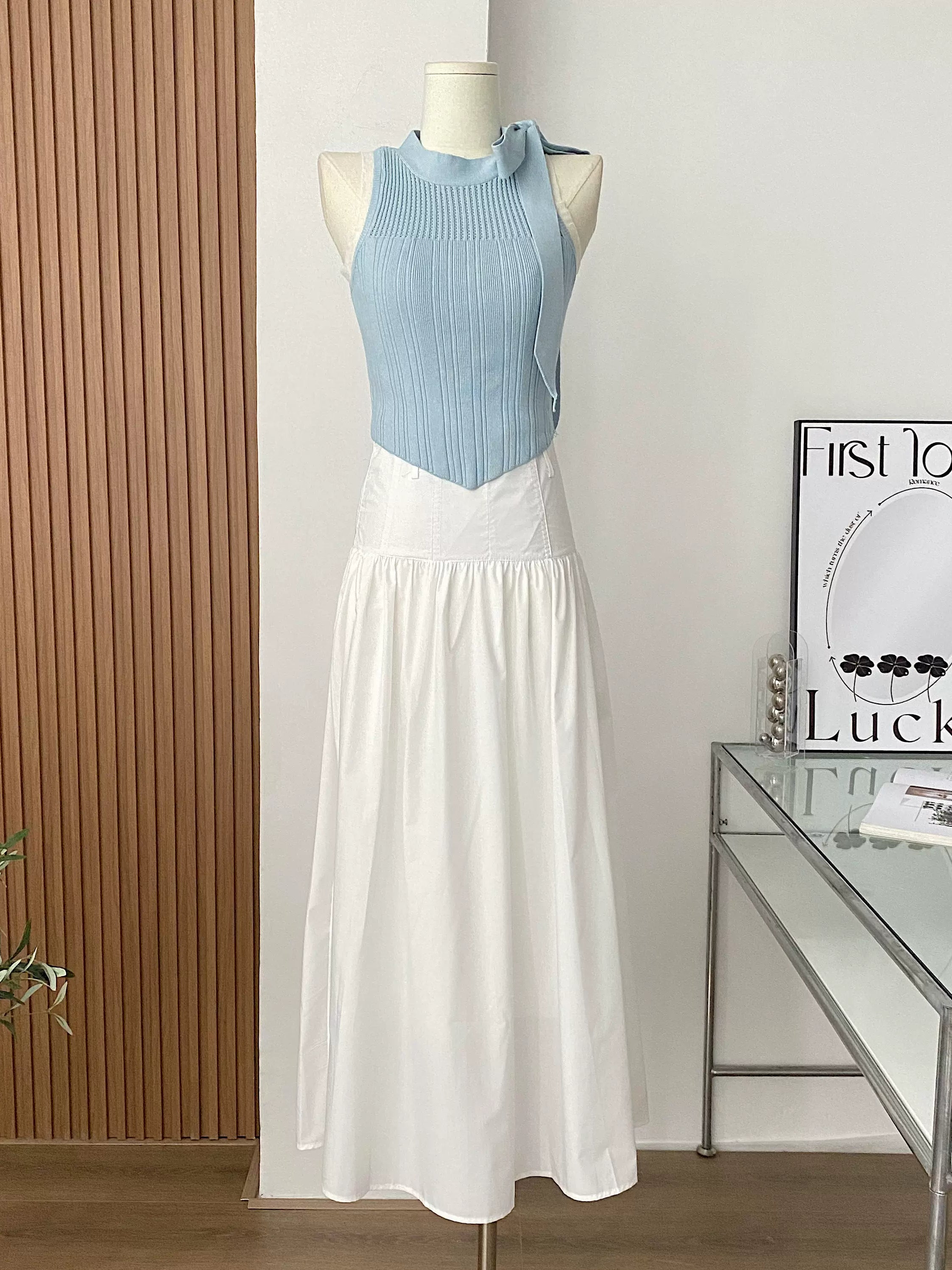 Bow Tie  Round Neck Sleeveless Two Piece  Knit Dress Refined Women's Hand - crafted