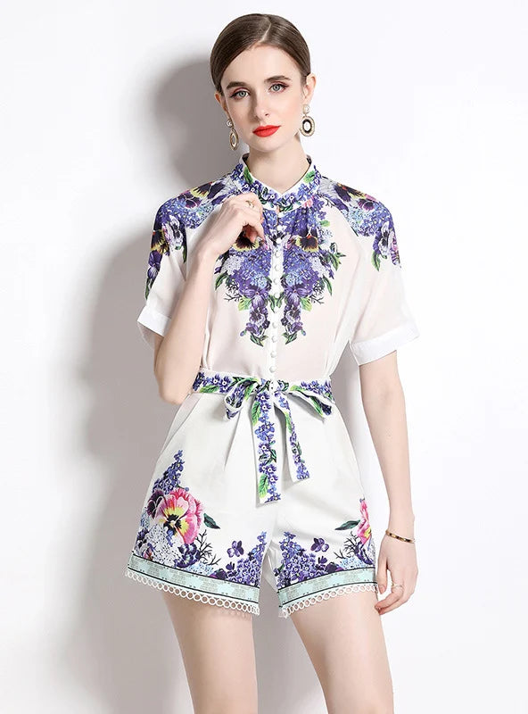 CHIFFON RETRO PRINTED SHORT-SLEEVED SHIRT+SHORTS TWO-PIECE SUIT Monochromatic All - in - one