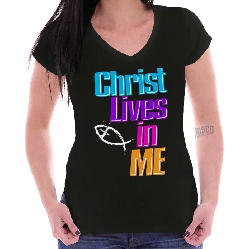 Christ Lives in Me Junior Fit V-Neck T-Shirt Classic Women's Tweed