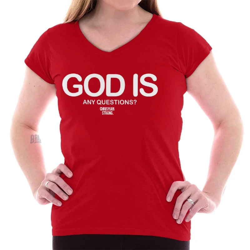 Christian Strong - God Any Questions Printed - Junior Fitted V-Neck T-Shirt Classic Women's Pin - striped