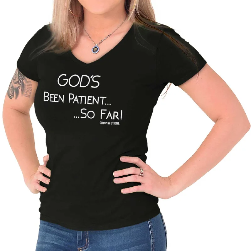 Christian Strong - God's Been Patient Printed - Junior Fitted V-Neck T-Shirt Preppy Women's College