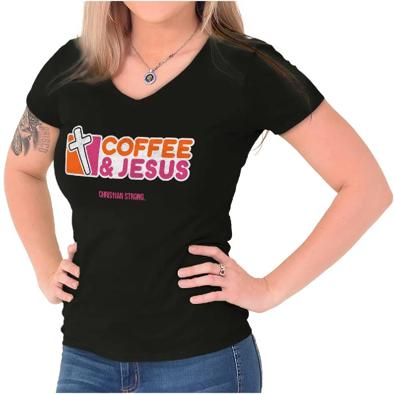 Coffee And Jesus Donuts Junior Fit V-Neck T Shirt Practical Women's Multi - 