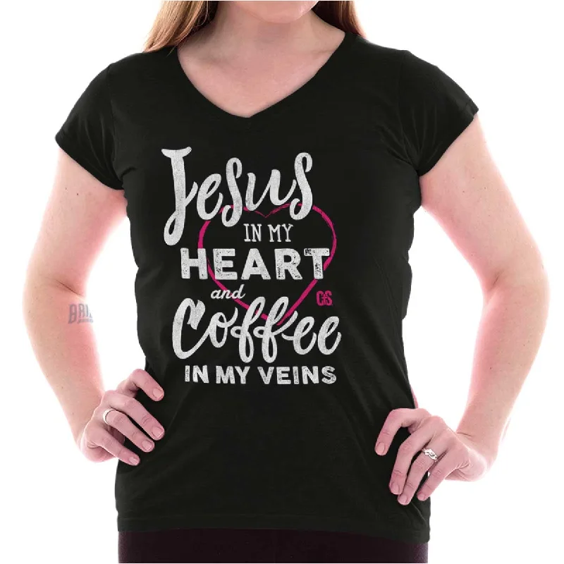 Coffee Veins Junior Fit V-Neck T Shirt Cozy Women's Sherpa - lined