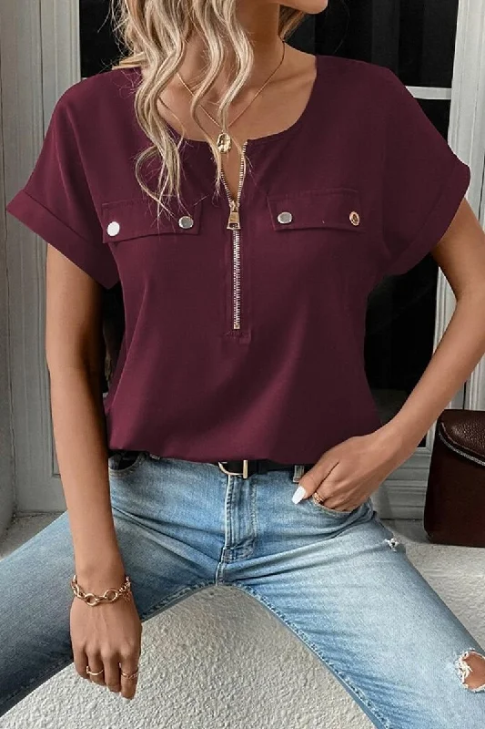 HALF ZIP UP ROLLED SLEEVE WOMEN T SHIRT Monochromatic Office Style