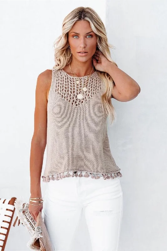 HOLLOW OUT TASSEL HEM SLEEVELESS TANK T SHIRT Refined Women's 