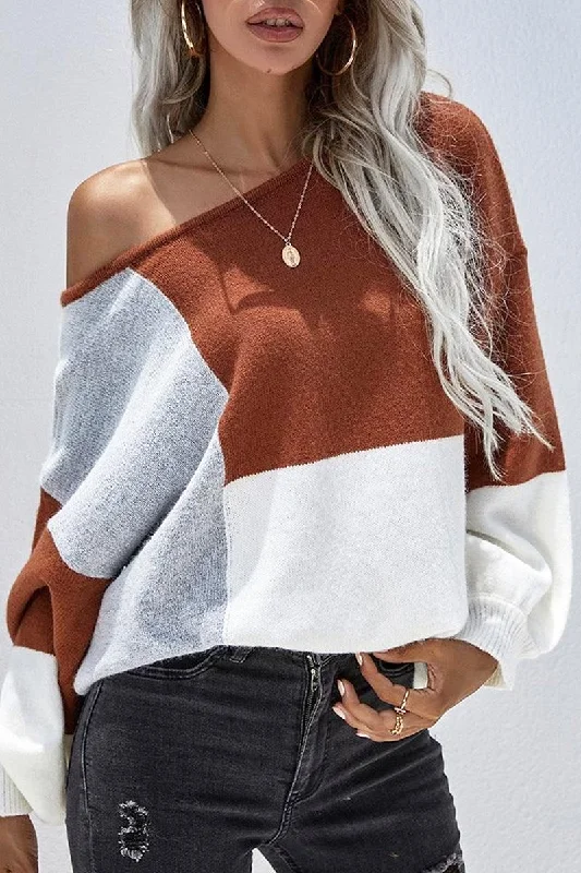 COLOR BLOCK ROUND NECK SWEATER TOP FOR WOMEN Athletic Women's High - 