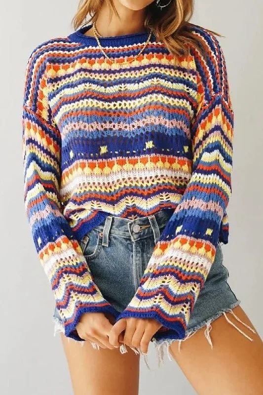 LOOSE COLOR RAINBOW ROUND NECK STRIPED SWEATER British Gentlewoman Style