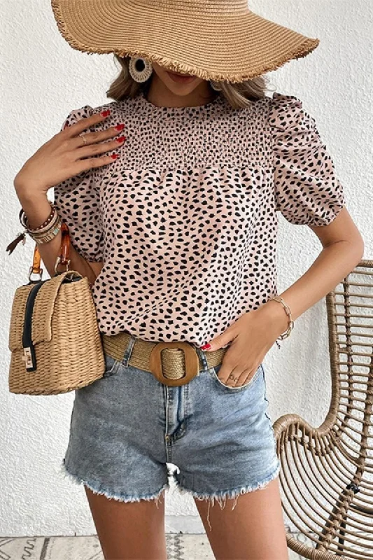 LEOPARD PRINTING SHORT PUFF SLEEVE WOMEN T SHIRT Dynamic Women's High - energy