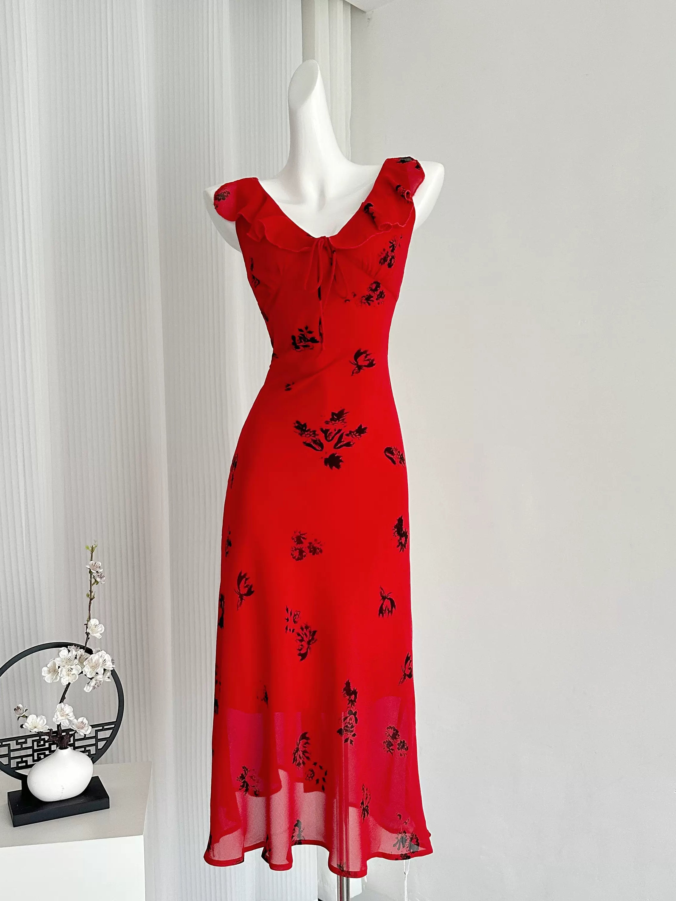 Delicate Floral Embellishments Flared Hem Red Maxi Dress Practical Women's Multi - 