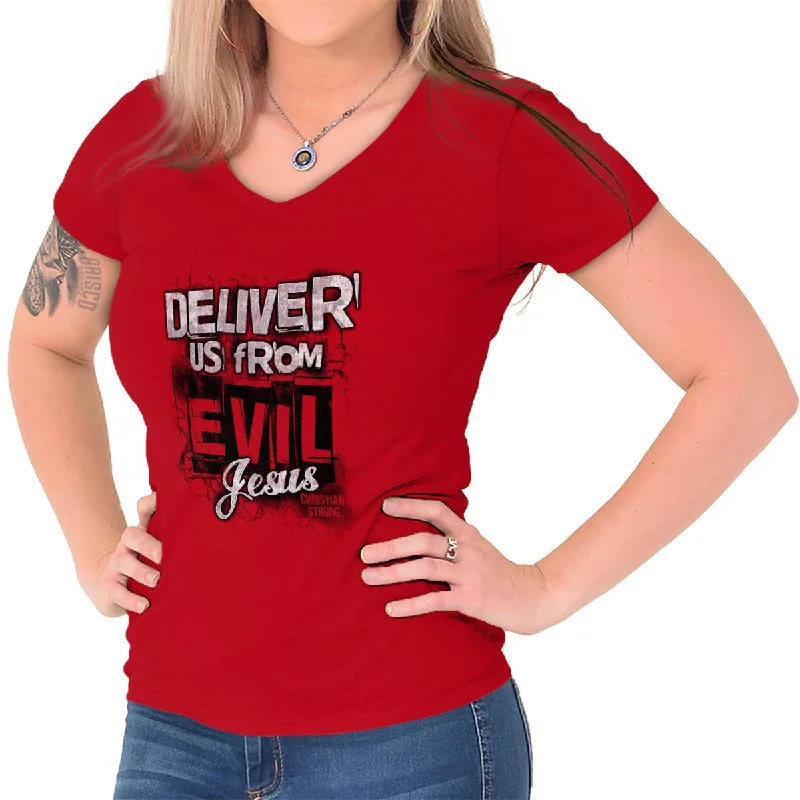 Deliver us from Evil Junior Fit V-Neck T-Shirt Scandinavian