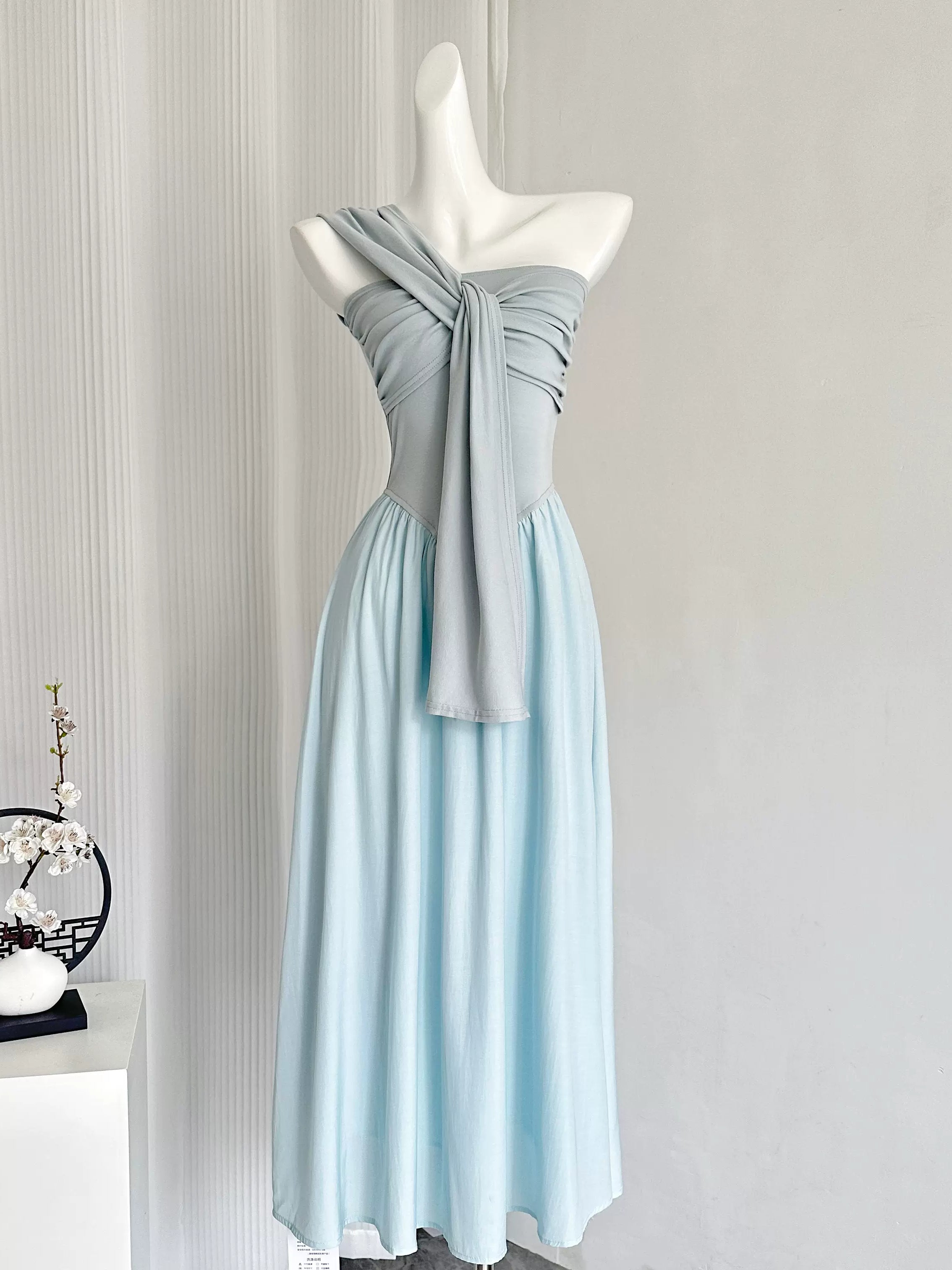 Draped Bodice Light Blue Maxi Causal Dress Refined Women's Velvet