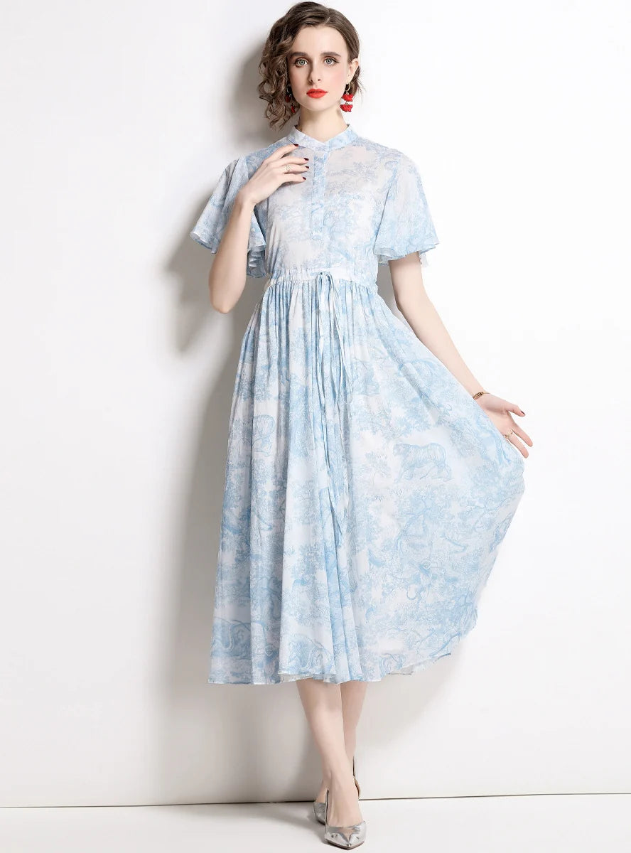 DRAWSTRING SLIM PRINT SHORT SLEEVE DRESS Refined Women's Velvet