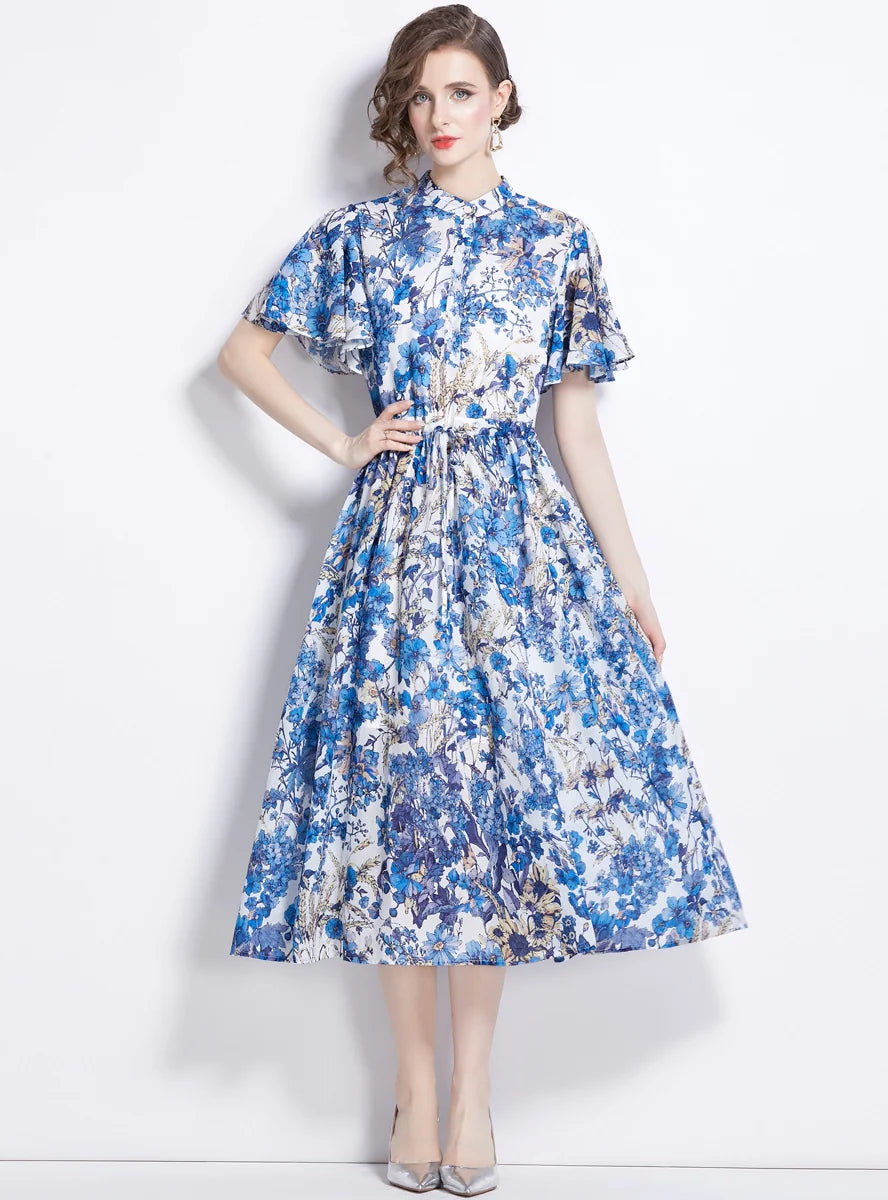 DRAWSTRING SLIM PRINT SHORT SLEEVE LONG DRESS Refined Women's Velvet