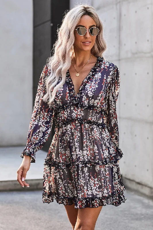 Elastic Cuffs Floral Print Dress Relaxed Women's 