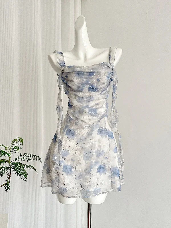 Elegant Blue Watercolor Print Summer Dress Dynamic Women's High - energy
