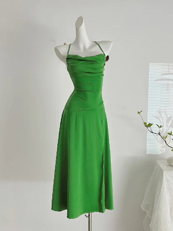 Elegant Green Ruched Bodice Halter Maxi Dress Feminine Women's Style 
