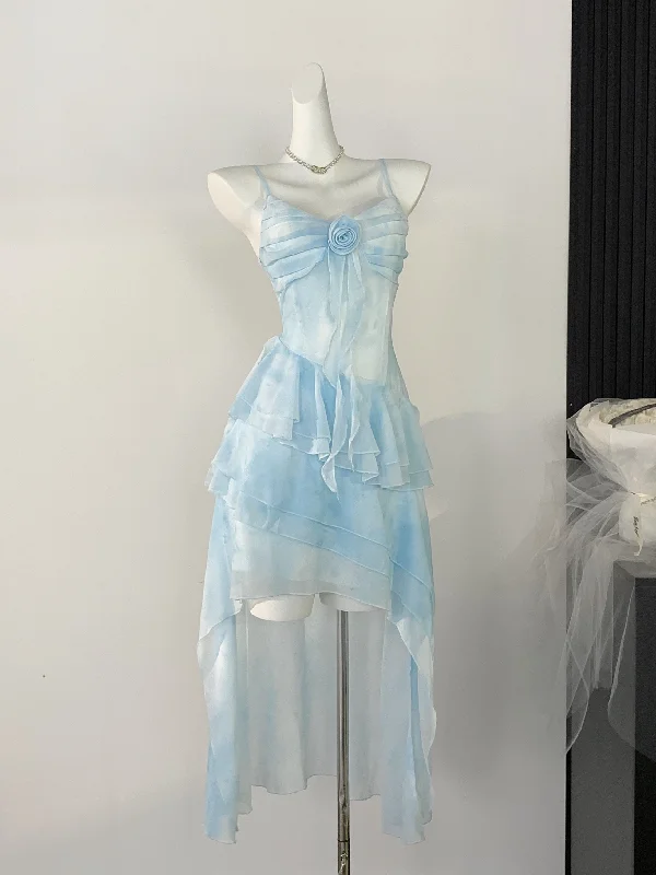 Ethereal Blue High-Low Ruffle Layered Summer Dress Cozy Women's Winter