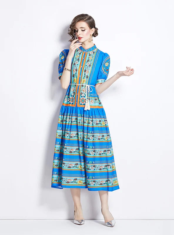 FASHION RETRO LANTERN SLEEVE PRINTED DRESS European