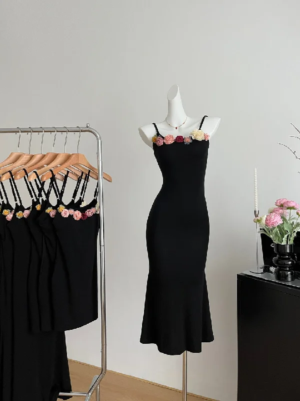 Floral Embellishments Flared Hem Black Dress performance
