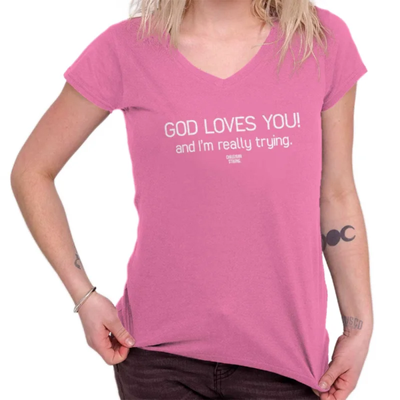 God Loves You Junior Fit V-Neck T Shirt Relaxed Women's Beachy