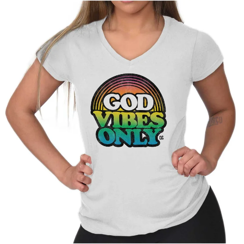 God Vibes Only Retro Junior Fit V-Neck T Shirt Monochromatic Office Style