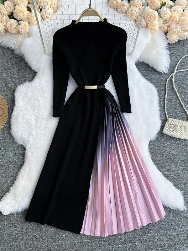 Gradient Pleated Skirt Long-Sleeve Ribbed Dress Trendy Women's 