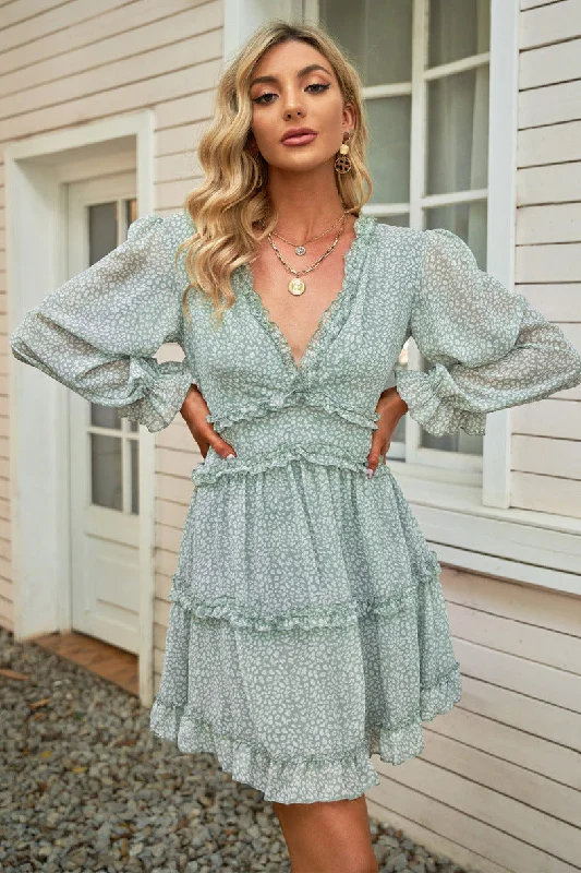 Green and White V Neck Long Sleeve Print Dress Monochromatic Office Style