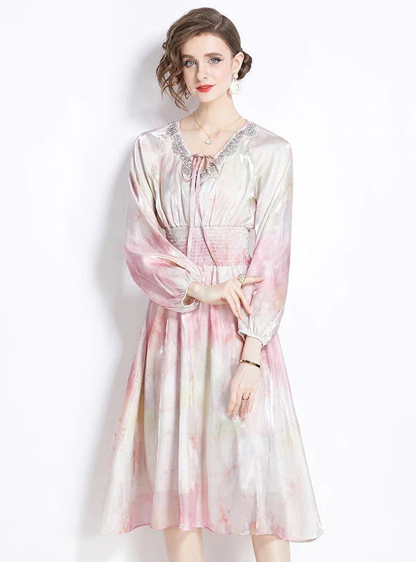 HALO-DYED LANTERN SLEEVE V-NECK DRESS Casual Women's Japanese 
