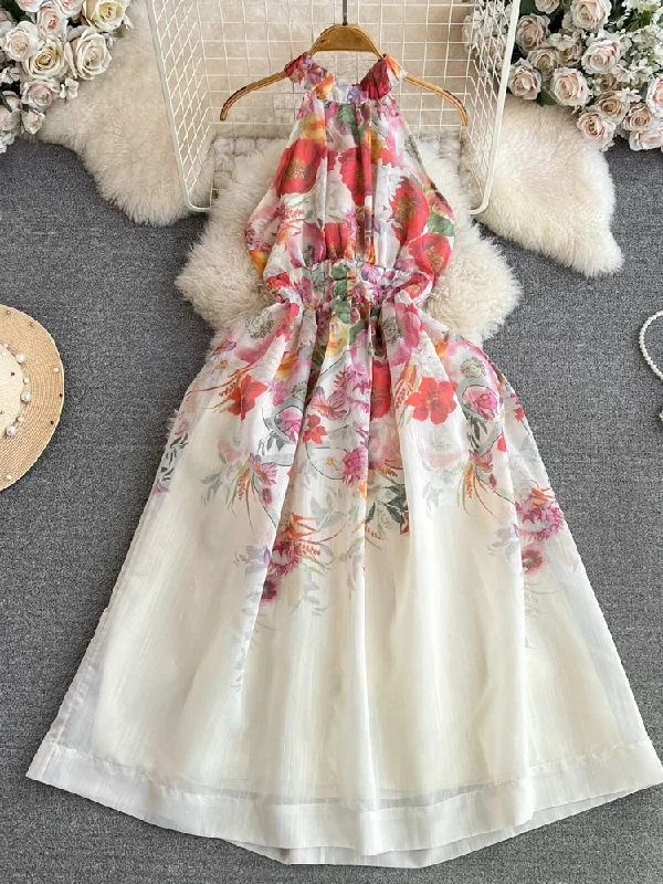 High Neckline Floral Chiffon Maxi Dress Monochromatic Office Style