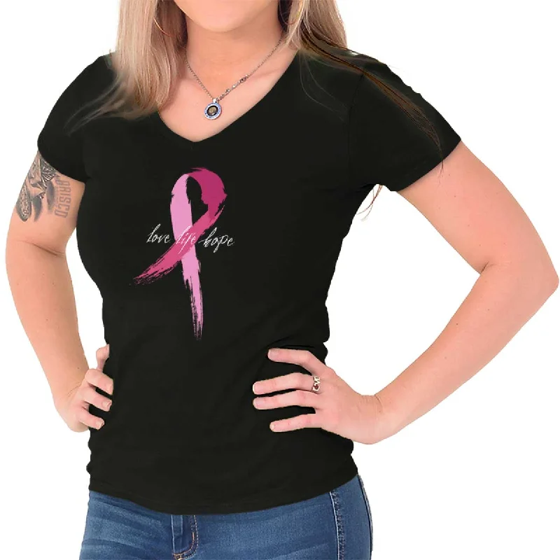 Breast Cancer Awareness Junior Fit V-Neck T Shirt Casual Women's Loose - fitting