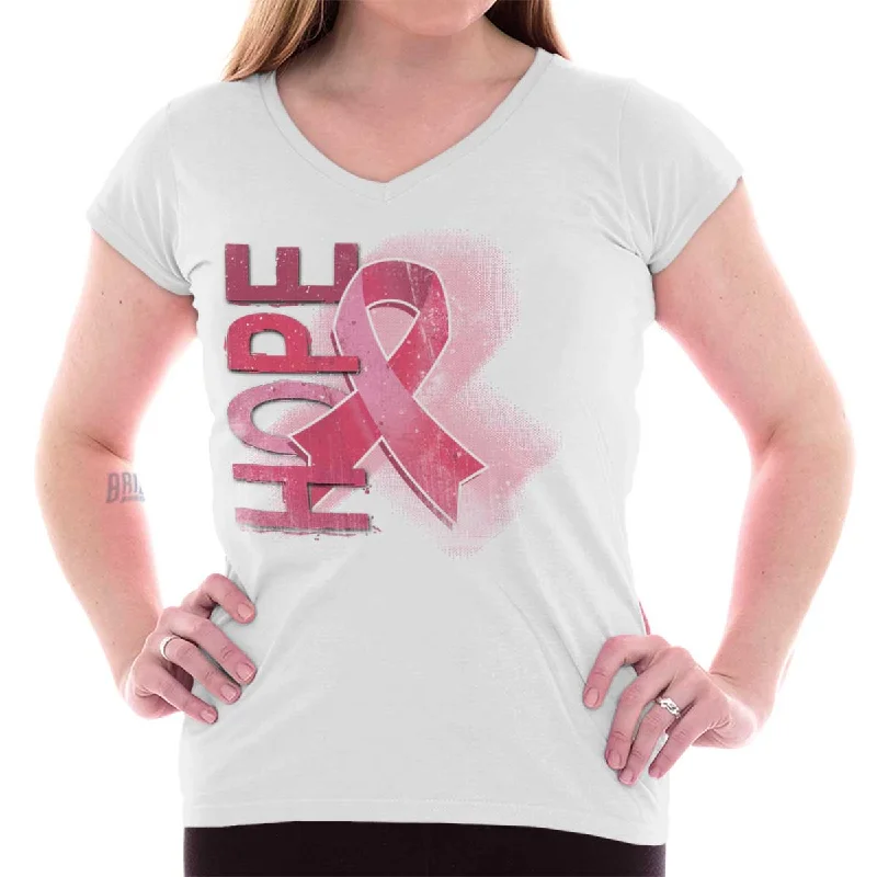 Hope Pink Ribbon Junior Fit V-Neck T Shirt Relaxed Women's 