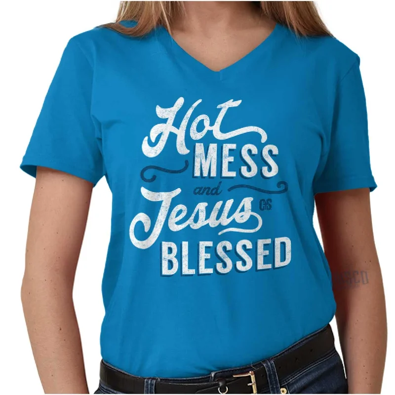 Hot Mess Blessed V-Neck T Shirt Casual Women's Loose - fitting