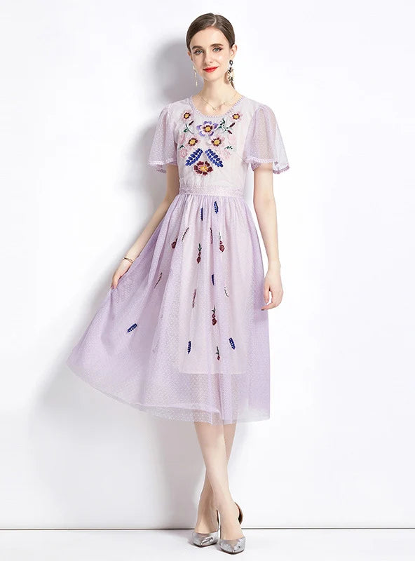MESH ROUND NECK SHORT SLEEVE EMBROIDERY DRESS Feminine Women's Style 