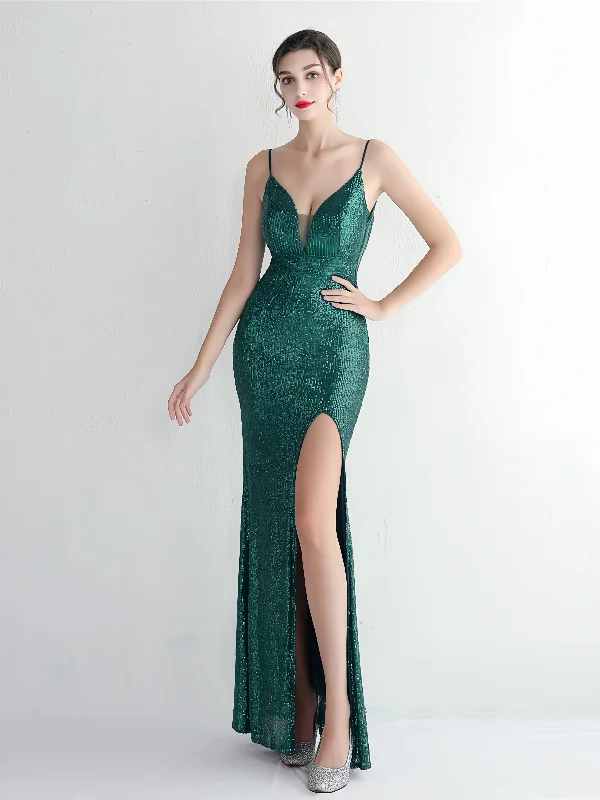 Green Sequin Evening Gown with High Slit garde