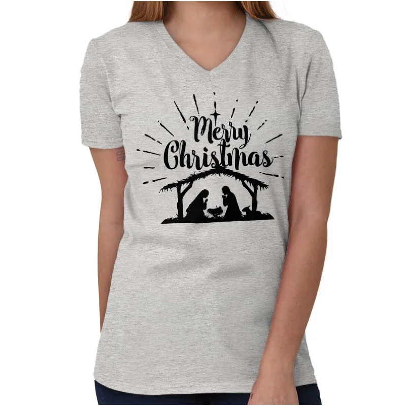 Nativity Scene Merry Christmas V-Neck T-Shirt Bold Women's Statement