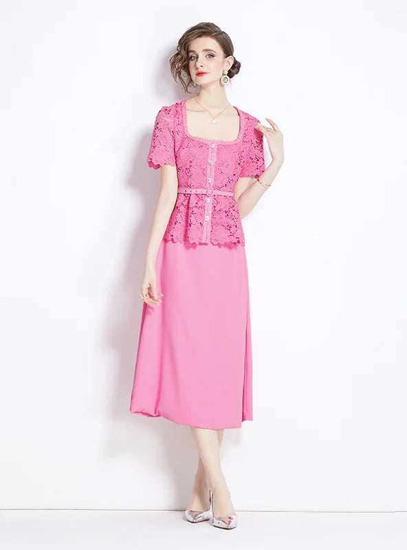 PINK LACE FAKE TWO-PIECE SHORT-SLEEVED DRESS Cool Women's Skate