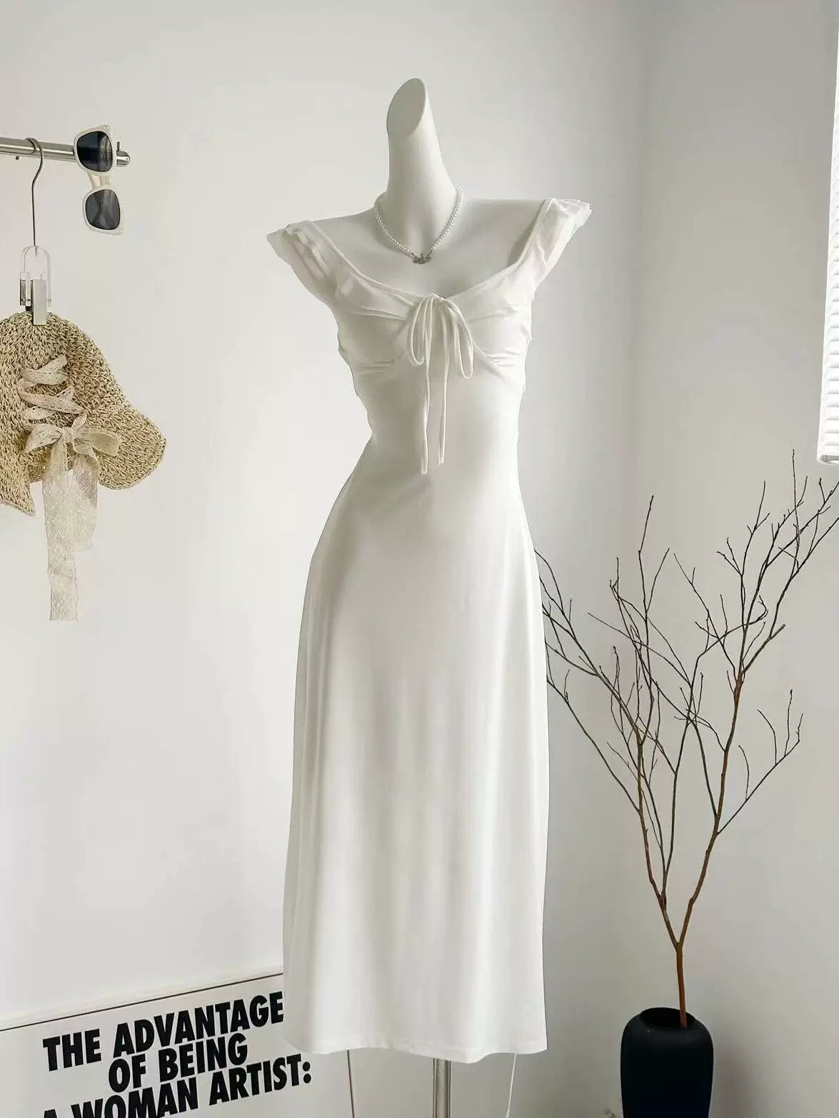Playful Bow-Tie Off-Shoulder White Summer Dress Minimalist Women's Casual