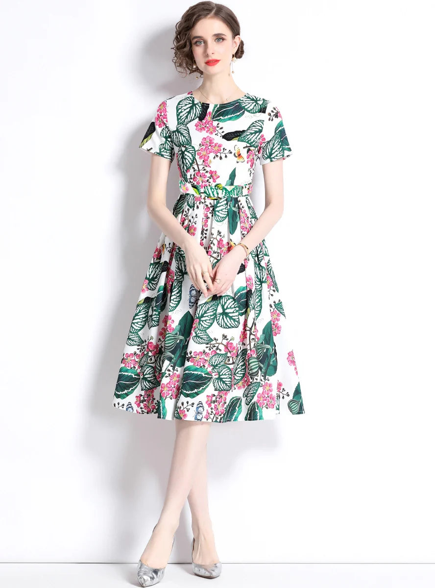 PRINTED ROUND NECK RETRO SHORT-SLEEVED DRESS Tough Women's Military - inspired