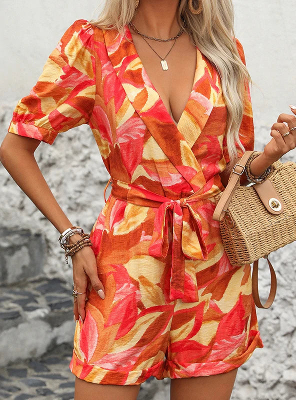 PRINTED SHORT SLEEVE V-NECK JUMPSUIT Stylish Women's Neon