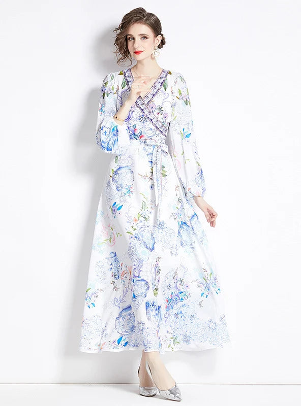 PRINTED V-NECK SLIM LONG DRESS Sophisticated Women's Tailored