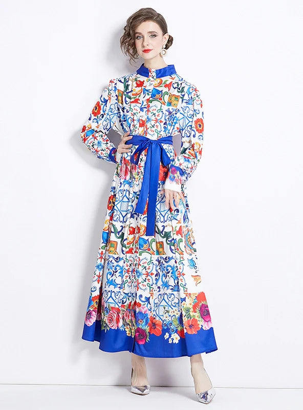 RETRO BREASTED PRINTED LONG DRESS Unique Women's Upcycled