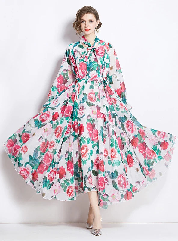 RETRO CHIFFON PRINTED LONG SLEEVE SLIM DRESS Bold Women's Animal Print