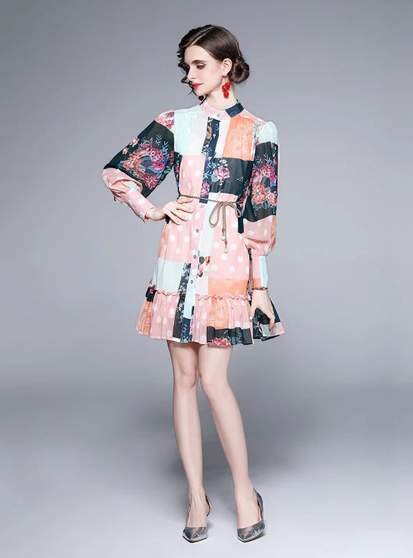 RETRO COLOR MATCHING PRINTED LONG-SLEEVED DRESS Minimalist Women's Casual